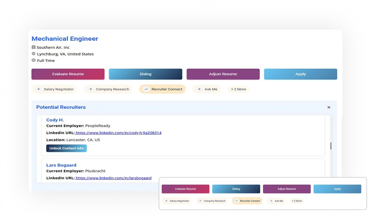Interface displaying a job listing for a Mechanical Engineer position at Southern Air, including options to evaluate, adjust, and apply for the job, alongside potential recruiters' information and LinkedIn profiles
